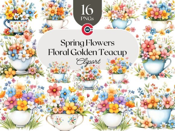 Download Floral Golden Teacup Overflowing Flowers - Premium Bundle